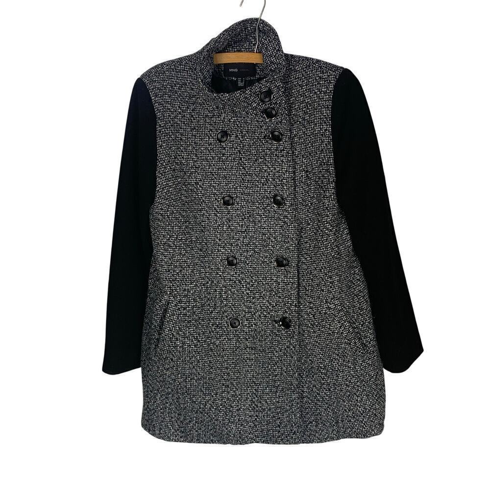 Mango Black Colorblock Tweed Peacoat Size S Structured Funnel Neck